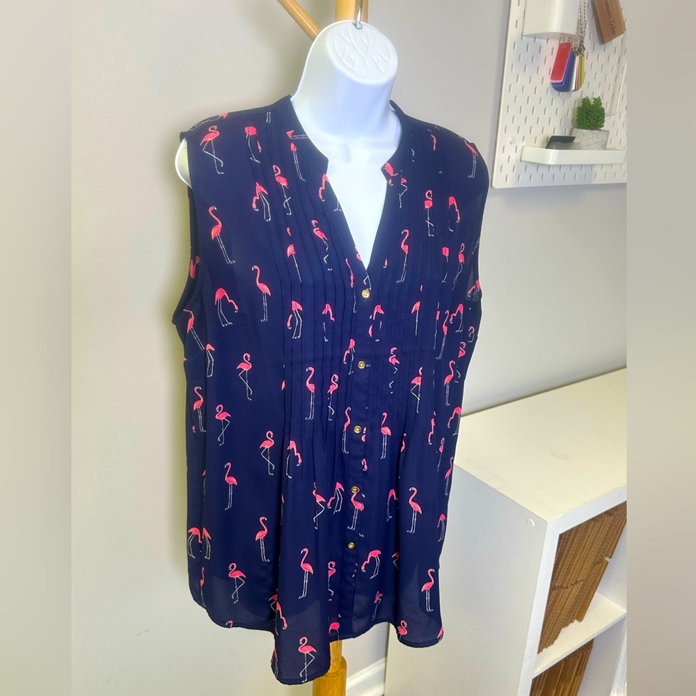 Charter Club Flamingo-Print Navy Sleeveless Blouse Size XL